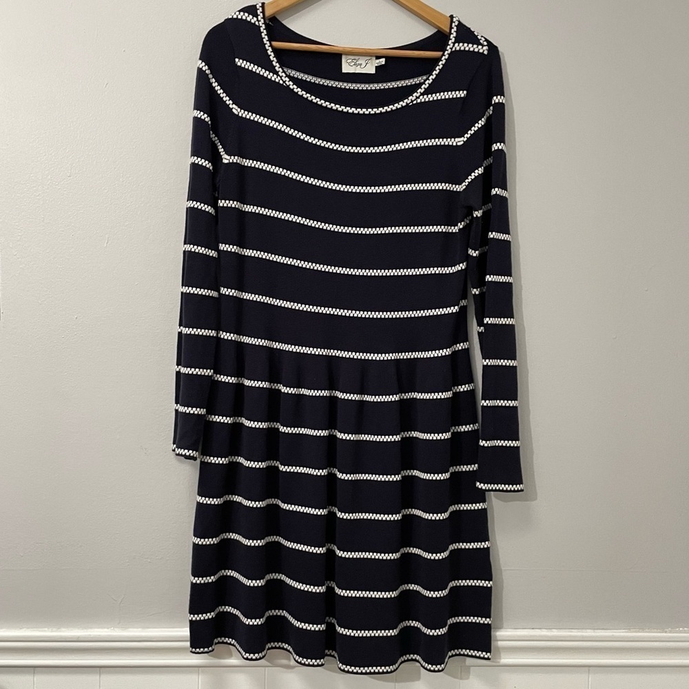 Eliza J. Knit Sweater Navy White Long Sleeve Striped Dress Sz L